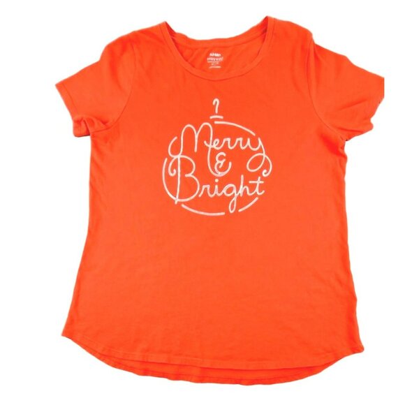 Old Navy Womens Merry & Bright Orange Holiday Printed T-Shirt size Medium JH1228 - Picture 1 of 3